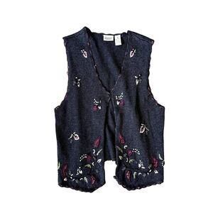 Vintage 90s Classic Elements Floral Embroidered Button Up Vest Medium Charcoal